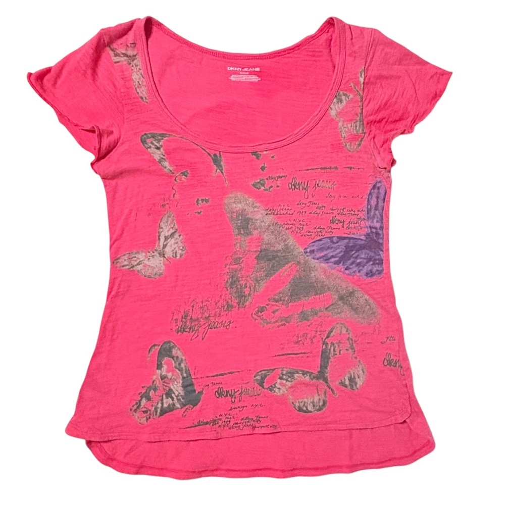 Y2K Hot Pink Gray Butterfly Graphic Feminine Top Donna Karan DKNY Jeans Barbie